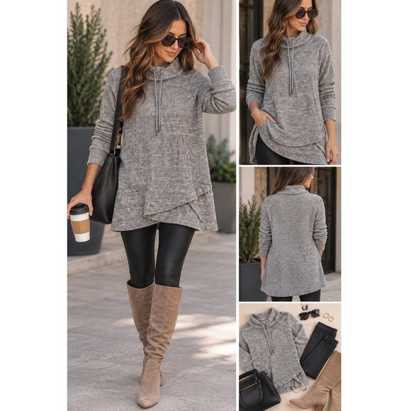 Ideology Tops - Ideology Womens 2X Charcoal Waffle Knit Cowl Neck Pullover Tunic Top Long Sleeve
